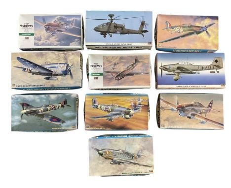 HASEGAWA; ten 1:48 scale model fighter plane and helicopter kits, including 'P-47D-30/40 Thunderbolt', 'Spitfire Mk.VB 401ST 
