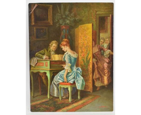 JOSÉ A MONTOYO; a late 19th century oil on tin, interior scene depicting a lady playing the piano, signed lower right, 35 x 2