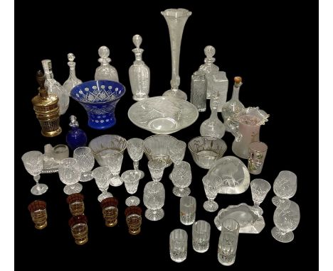 A quantity of assorted cut and crystal glassware, including a large floral etched trumpet vase, height 37.5cm, a pair of cut 