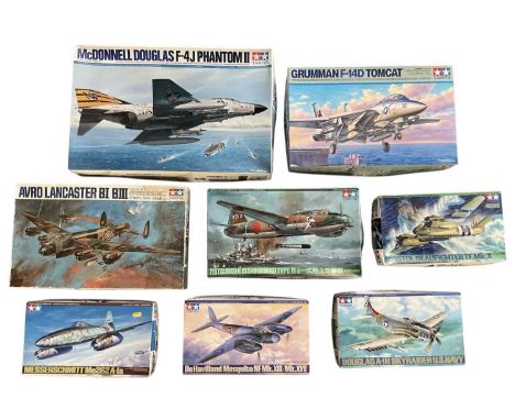 TAMIYA; seven 1:48 scale model fighter plane kits, including 'Bristol Beau-Fighter TF.Mk.X', 'Messerschmitt ME262 A-1A', 'De 