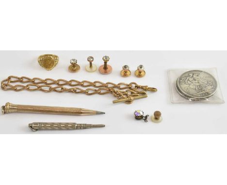 Two Victoria silver crowns, 1887 and 1891, a silver propelling pencil and a gold plated example, various items of gold colour