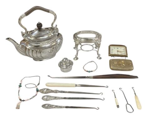 Various mixed collectables including a silver plated spirit kettle on stand by Batty Manchester, a small square clock, button