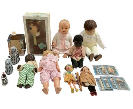 A quantity of assorted toys, dolls and puppets including resin Puppe limited edition baby Jakob doll, numbered 182/750, four 