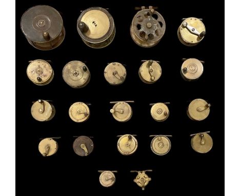HOGG; a vintage brass 115mm fishing reel and twenty further assorted antique brass fishing reels, including AVNL Victorian 70