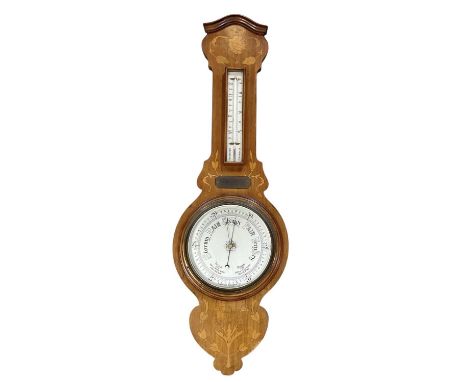 An early 20th century mahogany and inlaid aneroid barometer, with presentation plaque inscribed 'Presented by his Colleagues 