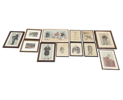 Twelve assorted 19th century and later prints, hunting prints and caricatures, including four late Victorian Vanity Fair 'Spy