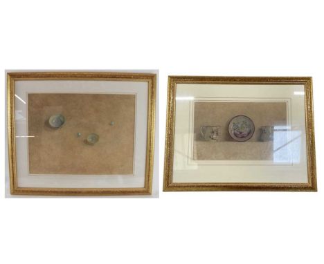 † SUE READ; watercolour, 'Two Bowls and Two Marbles', signed with initials lower right and inscribed with artist's informatio
