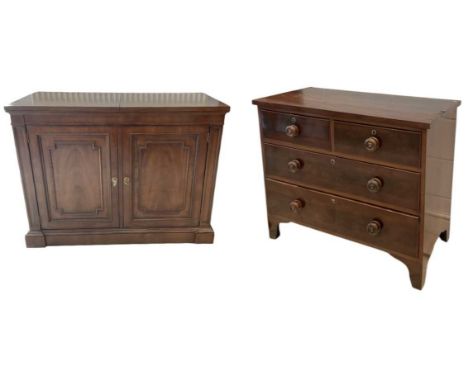 A reproduction mahogany chiffonier, the top with two hinged compartments above a pair of cupboard doors, width 102cm, depth 4