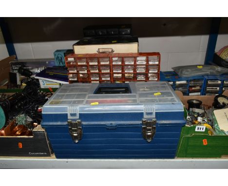 THREE BOXES AND LOOSE ELECTRICAL COMPONENTS to include a toolbox with various small hand tools and a glue gun, assorted circu