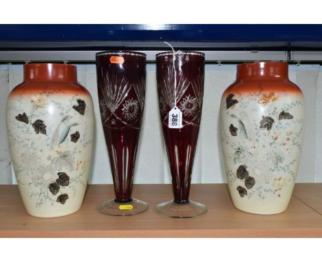 TWO PAIRS OF EARLY 20TH CENTURY GLASS VASES, comprising a pair of Bohemian cranberry cut to clear glass vases, height 31cm, t