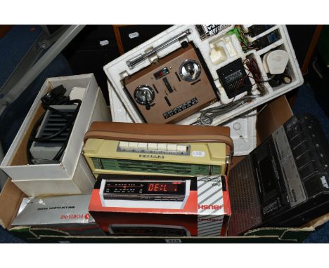 A BOX AND LOOSE AUDIO EQUIPMENT, to include a boxed Bush Electronic Alarm Clock Radio model 6140A, a Philips transistor radio