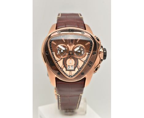 TONINO LAMBORGHINI SPYDER 1120 STAINLESS STEEL CHRONOGRAPH WATCH, the triangular bronze face with multiple dials, sapphire cr