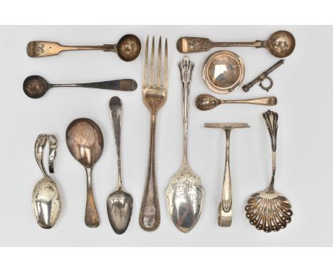 ASSORTED SILVER CUTLERY, to include a Victorian Old English pattern caddy spoon, hallmarked London, a beaded detail fork with