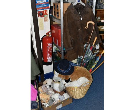 ONE BOX AND ONE BASKET OF SOFT TOYS AND GOLF UMBRELLAS,  to include a ladies' sheepskin coat size 16 by Baileys of Glastonbur