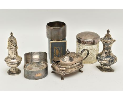 A GROUP OF SILVER ITEMS, to include a pepperette hallmarked 'Adie &amp; Lovekin Ltd' Birmingham 1911, on a weighted base, ano