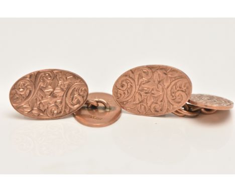 A PAIR OF 9CT ROSE GOLD CUFFLINKS, each of an oval form, decorated with a foliate pattern, chain linked, hallmarked 9ct Birmi