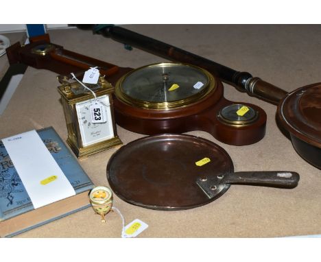 A GROUP OF METALWARE AND SUNDRIES, comprising a Woodford brass carriage clock, height 11.5cm, white dial signed 'Woodford Est