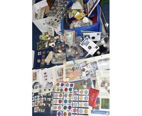 A PLASTIC STORAGE TUB AND CARDBOARD BOX CONTAINING MIXED COINS, to include an album of 1st Day Covers coin covers 1996 Austra
