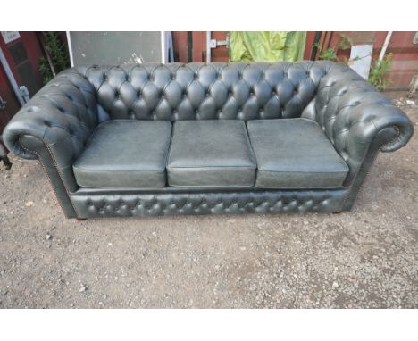 AN DARK AQUAMARINE LEATHER THREE SEATER CHESTERFIELD SOFA, length 196cm x depth 87cm x height 70cm (condition report: marks ,