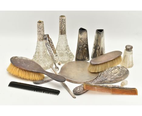 ASSORTED SILVER ITEMS, to include a three piece vanity set comprising of a hair brush, hand held mirror and a clothes brush, 