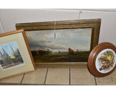 G. COLLINS (BRITISH EARLY 20TH CENTURY) CHOPPY SEAS OFF THE COAST,  fishing boats under sail beside a harbour, signed bottom 