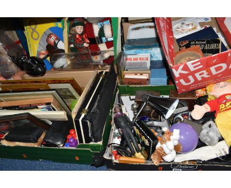 SIX BOXES AND LOOSE MISCELLANEOUS SUNDRIES, to include a 1970's Palitoy walking/talking doll, a 1994 Applause Star Trek deep 