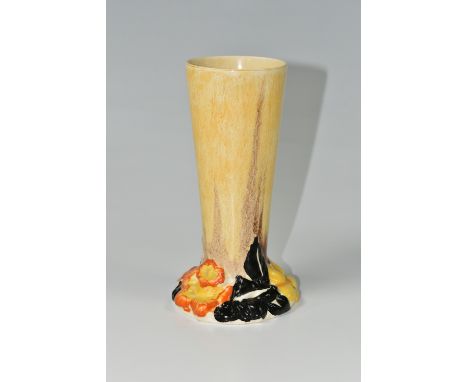 A CLARICE CLIFF 'MY GARDEN' VASE, of tapering form, the base moulded and painted with orange, black and yellow flowers on a c
