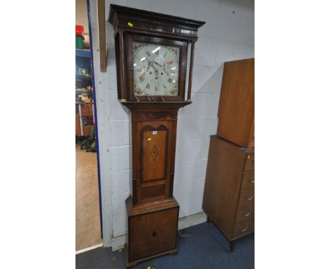 A GEORGIAN OAK AND MAHOGANY EIGHT DAY LONGCASE CLOCK, the box hood with twin pillar supports, the glass door enclosing a 12.5