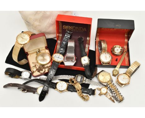 AN ASSORTMENT OF LADIES AND GENTS WRISTWATCHES, to include a boxed 'Sekonda' gents manual wind watch, round gold dial signed 