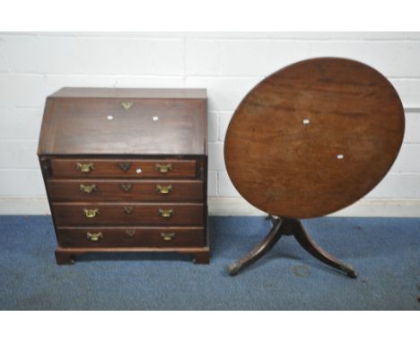 A GEORGIAN MAHOGANY BUREAU, the fall front door enclosing a fitted interior, above four drawers, width 92cm x depth 55cm x he