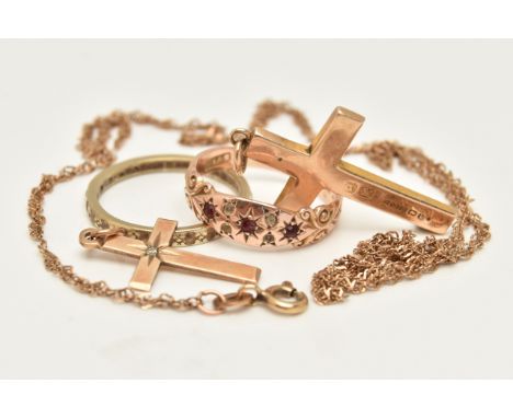 AN EARLY 20TH CENTURY, 9CT GOLD GEM SET RING, TWO CROSS PENDANTS, ANOTHER RING AND A BROKEN CHAIN, the ring set with three ci
