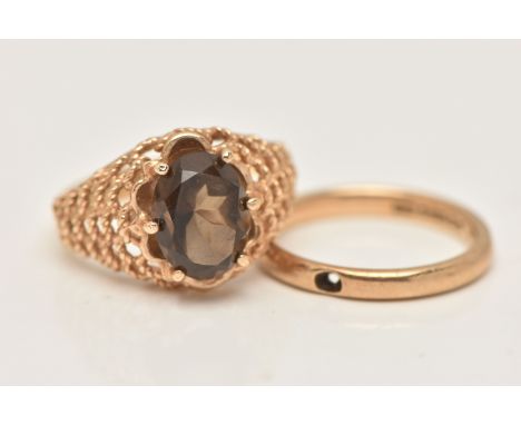 TWO 9CT GOLD RINGS, the first a polished band missing a stone, hallmarked 9ct Birmingham, ring size L, the second set with an