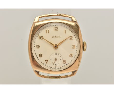 A GENTS 9CT GOLD 'ROTARY' WATCH HEAD, manual wind watch, round silvered dial signed 'Rotary', Arabic numerals, subsidiary dia