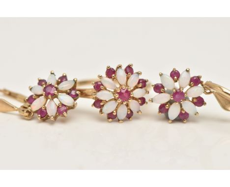 A 9CT GOLD RUBY AND OPAL RING WITH MATCHING EARRINGS, the ring designed as a circular cluster set with marquise cut opal cabo