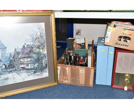 TWO BOXES AND LOOSE RECORDS, RECORD PLAYER, PICNIC SET, METAL WARE AND MISCELLANEOUS ITEMS, to include approximately ninety v