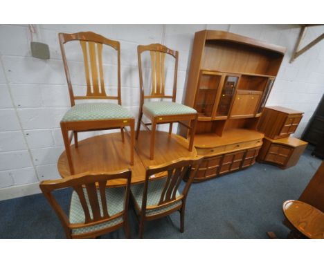 PARKER KNOLL, A MID CENTURY EIGHT PIECE DINING SUITE, comprising an oval extending dining table, with a single fold out leaf,