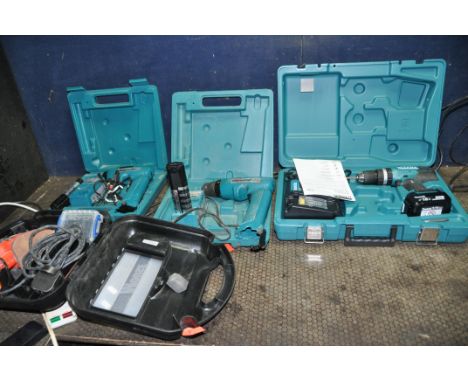 A MAKITA DHP453 18V HAMMER DRILL in case with one 4 Ah battery and charger, a vintage 6095D cordless drill with one battery a