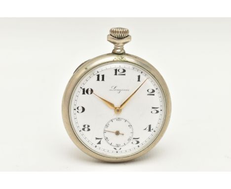 A 'LONGINES' OPEN FACE POCKET WATCH, manual wind, round white dial signed 'Longines', Arabic numerals, subsidiary dial at the