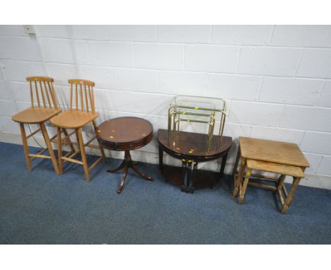 A PAIR OF BEECH HIGH CHAIRS, a mahogany drum table with two drawers, a demi-lune nest of three tables, a nest of two tables, 