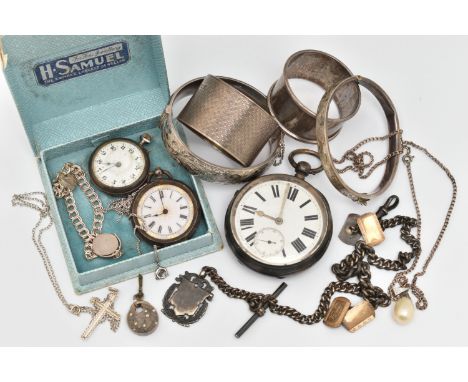 ASSORTED SILVER AND WHITE METAL ITEMS, to include a key wound, open face pocket watch, round white Roman numeral dial, subsid