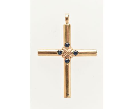 A 9CT GOLD GEM SET CROSS PENDANT, set to the centre with four circular cut blue sapphires, fitted with a tapered bail, hallma