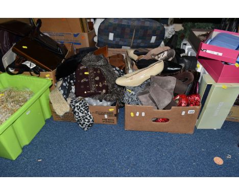 FOUR BOXES AND LOOSE WOMEN'S ACCESSORIES AND SHOES to include a box of assorted handbags and clutch bags, a box of gold effec