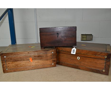 TWO WOODEN VICTORIAN SEWING BOXES AND A MAHOGANY TEA CADDY, comprising two Mother of Pearl inlay sewing boxes, one has a fitt
