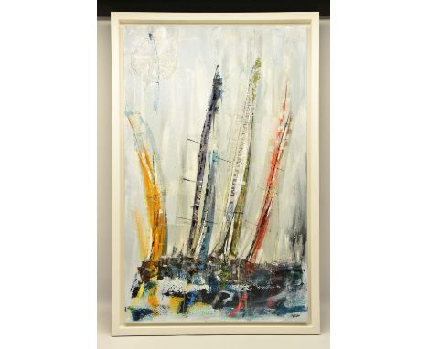 GILL STORR (BRITISH CONTEMPORARY) 'NORTH EAST', racing yachts under sail, signed bottom right, mixed media on canvas, approxi