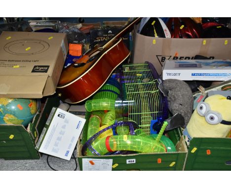 FOUR BOXES AND LOOSE MISCELLANEOUS, including a large hamster cage with varies attachments, camping items including lanterns,