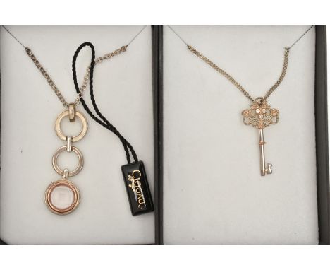 TWO 'CLOGAU' NECKLACES, the first a silver 'Ripple' necklace, designed as three circles, set with a faceted round rose quartz