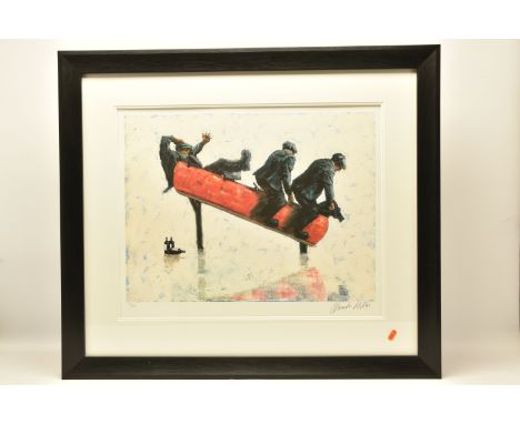 ALEXANDER MILLAR (SCOTLAND 1960) 'COWBOYS', a signed limited edition print depicting three men on a playground ride, 166/495 
