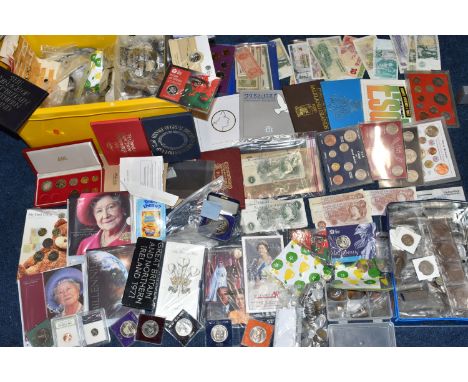 A PLASTIC TUB CONTAINING WORLD COINS AND COMMEMORATIVES, to include 3x sealed Britannia £50 coins 2015, 2x Pride of Wales 201