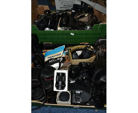 THREE BOXES OF CAMERAS AND PHOTOGRAPHIC EQUIPMENT, to include two Canon EOS 1000F cameras, each fitted with an f4-5.6 35-80mm
