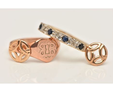 TWO 9CT GOLD RINGS AND A PAIR OF YELLOW METAL EARRINGS, the first a rose gold heart shaped signet ring, engraved monogram, ha